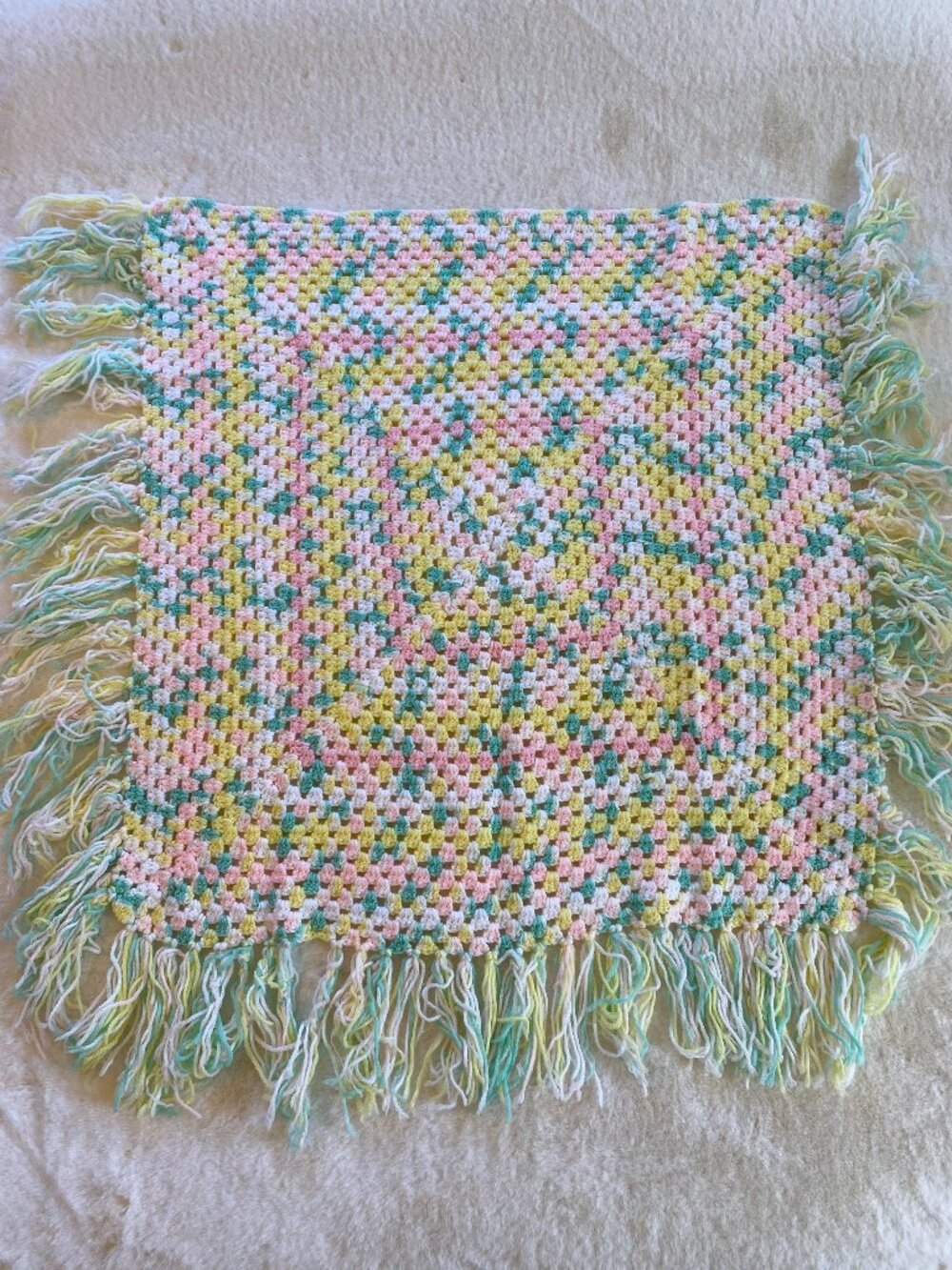 Vintage Hand Crocheted Baby Blanket 33" x 33" Pastel Colors fringe 1970s